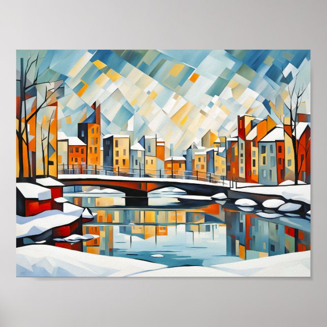 Kubist Snowy City med Canal Bridges Poster (Framsidan)