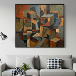 Kubistisk Abstrakt 3D Kuber Jordtoner Poster