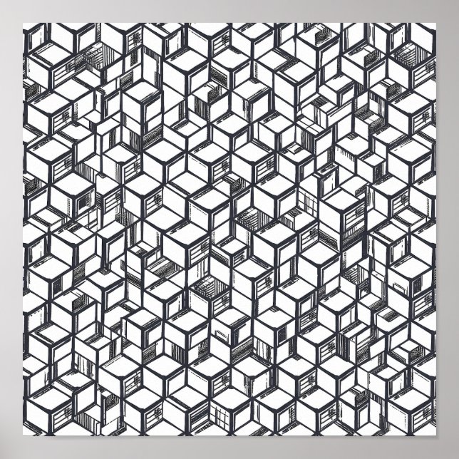 Kubistisk Geometrisk Hyperkub Dekoupage Mall Linje Poster (Framsidan)