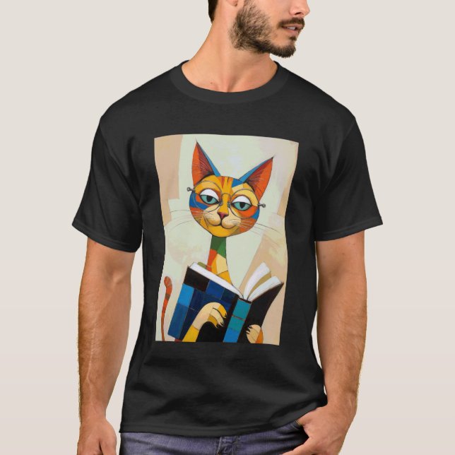 Kubistisk kattläsare Boho boklig konst T Shirt (Framsida)