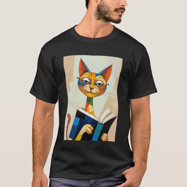 Kubistisk kattläsare Boho boklig konst T Shirt (Framsida)