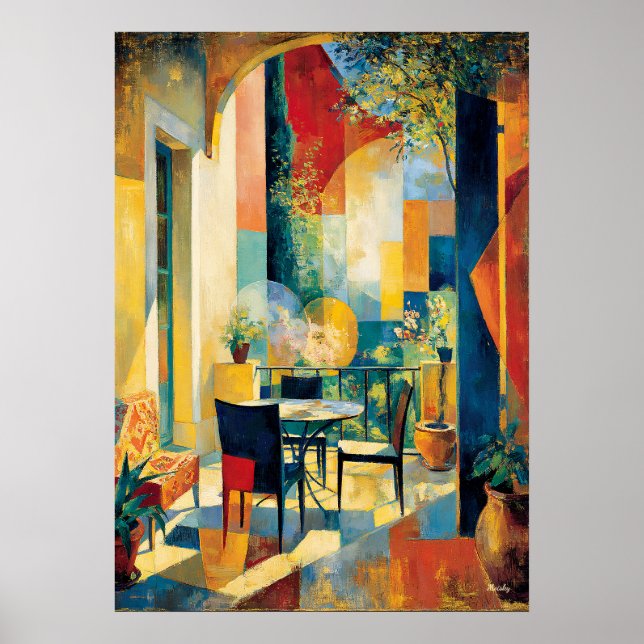 Kubistisk solbelyst terrass tolkning mästerverk poster (Framsidan)