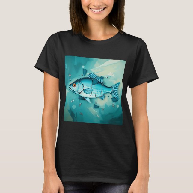 Kubistisk Turkos Fiskfragmentering T Shirt (Framsida)