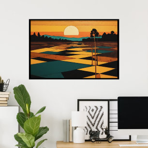 Kubistiskt Landskap Platta Färger Fält Surrealism Poster