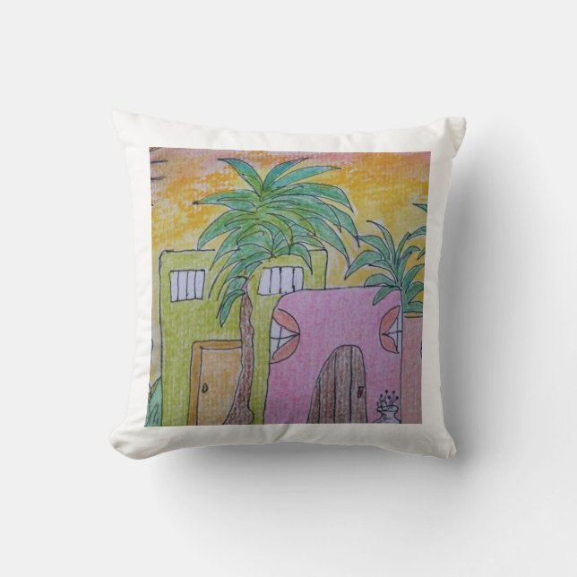 Kuddar med strandstugor och gyllene himmel (Framsida)