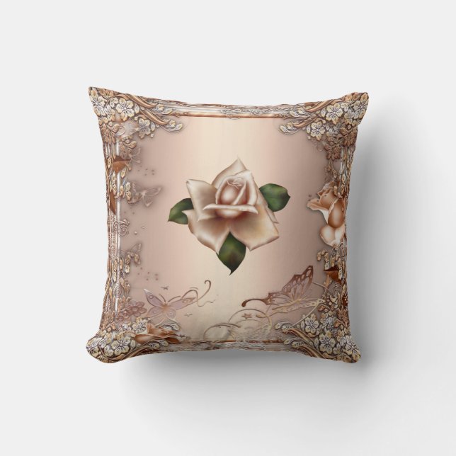 Kuddar Rosor Beige Kräm Guld Blommig (Framsida)