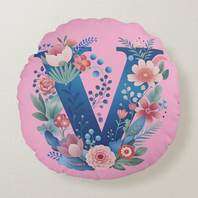 Kudde med blommig monogram för bokstaven V för hem (Framsidan)