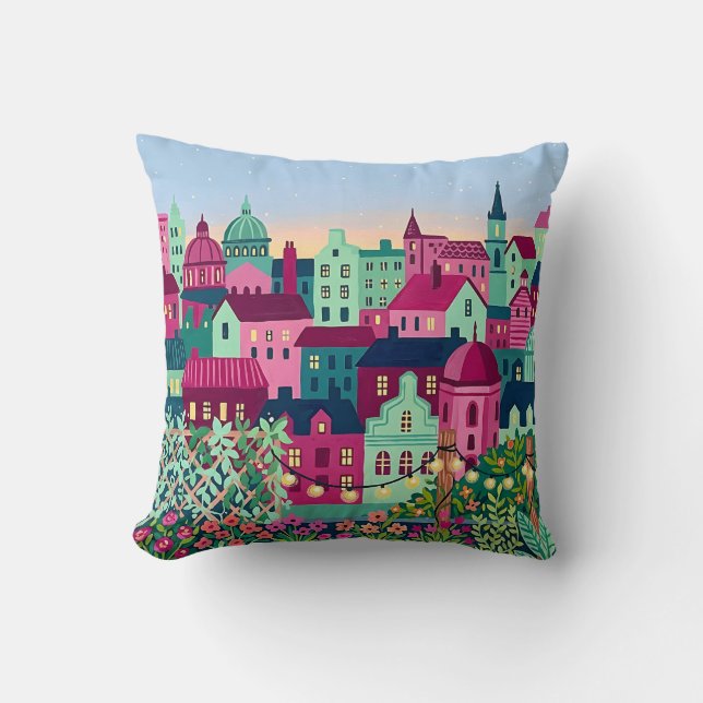 Kudde med stadssilhuett – Fuchsia & Mint (Framsida)