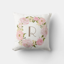 Kudder den blom- kranmonogramen för rosa pioner kudde