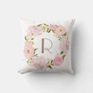 Kudder den blom- kranmonogramen för rosa pioner kudde
