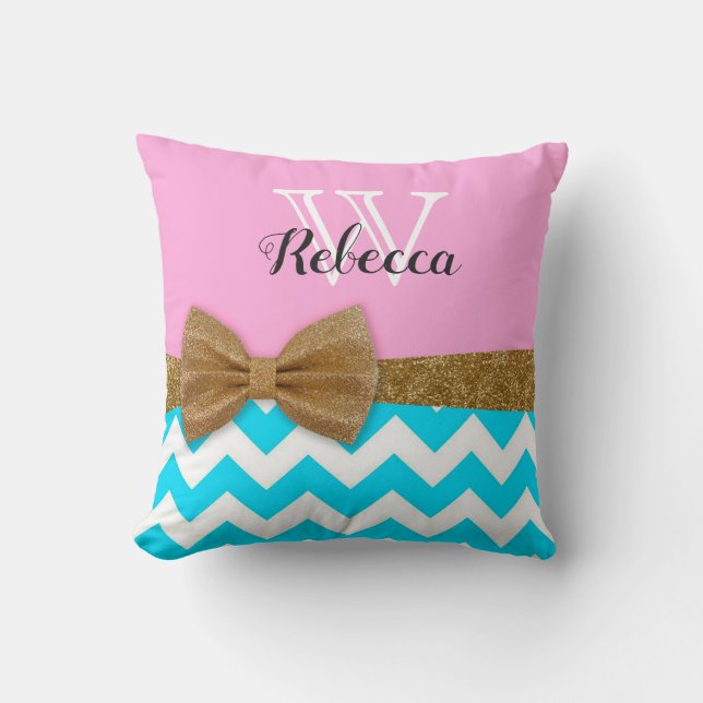 Kudder den guld- glittermonogramen för rosa turkos kudde (Framsida)