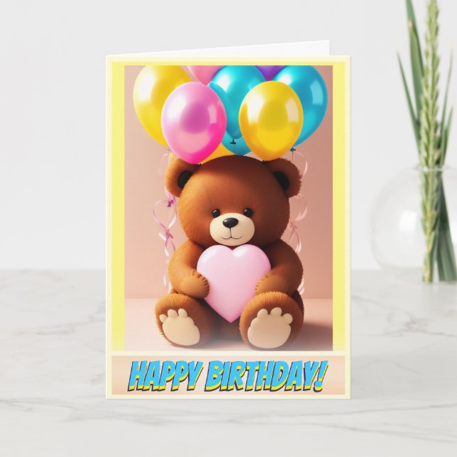 Kuddiskt Nalle Kärlek Heart och Bubblor Birthday Kort (Framsida)