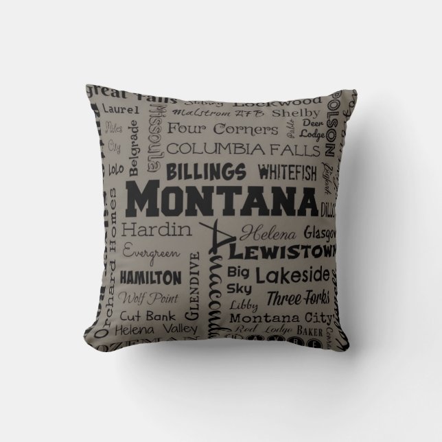 Kuddöverkast med typografi över Montana-städer i g Kudde (Framsida)