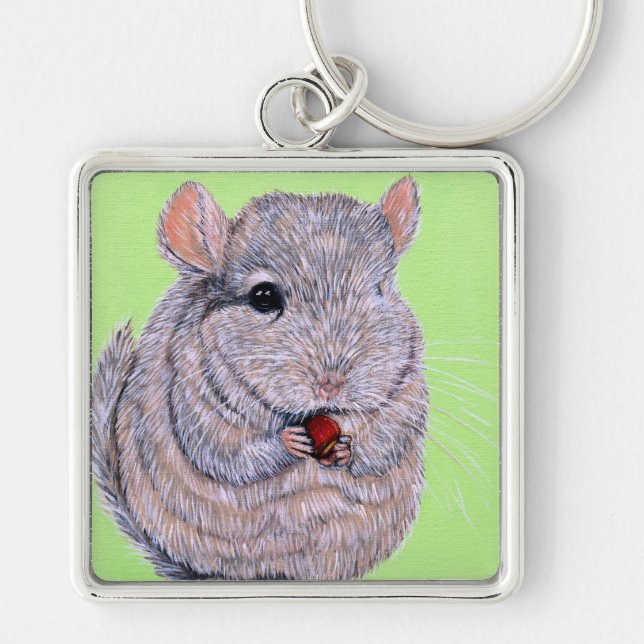 Kudnigt nibbling Chinchilla Painting Keychain Fyrkantig Silverfärgad Nyckelring (Framsidan)
