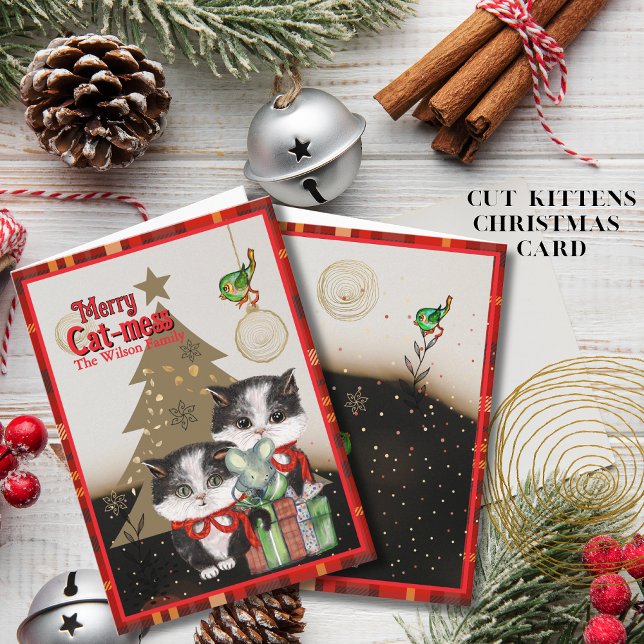 Kul Katt-chaos Julkort | Röd Rutig Jul Helgkort (Kittens Merry Cat-mess Card  Red Plaid Christmas)