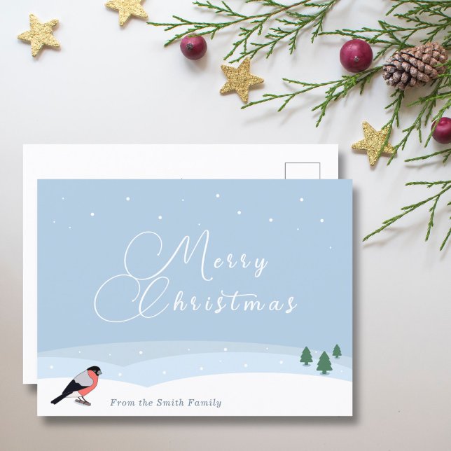 Kulfink- och snöliknande God jul-kort Vykort (Bullfinch & Snowy Landscape Merry Christmas Card - Front)