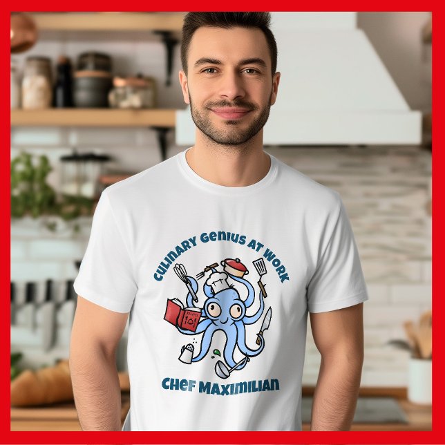Kulinargenus på arbetsplatsen Cute Tecknad Chef Oc T Shirt (Octopus Chef cartoon t-shirt in kitchen)