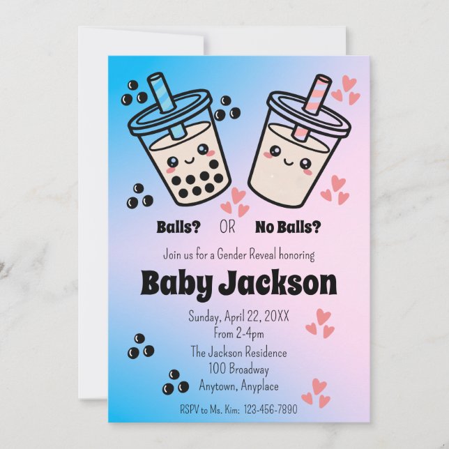 Kulor eller Inga Kulor Bubble Tea Boba Köns Avslöj Inbjudningar (Framsida)