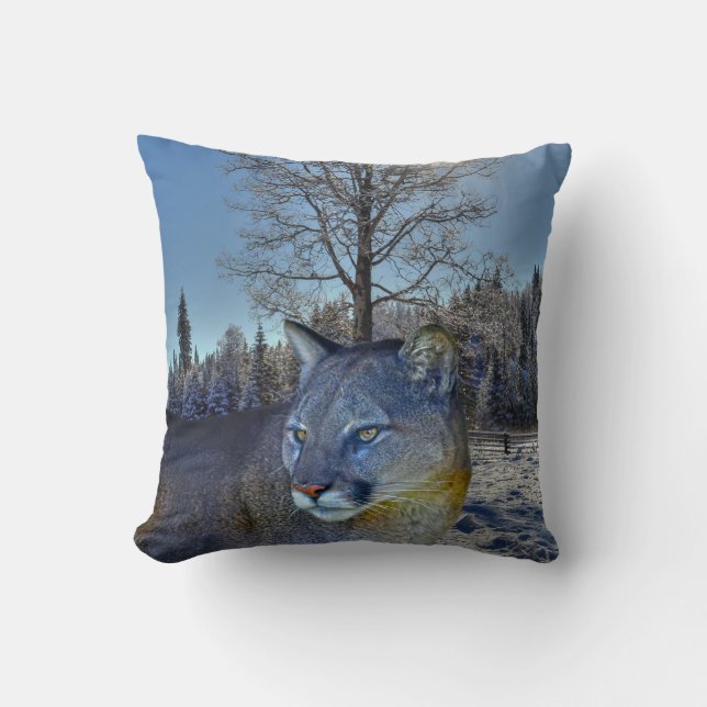 Kumgbergsbild Lejont och Winter Träd Wildlife Kudde (Framsida)