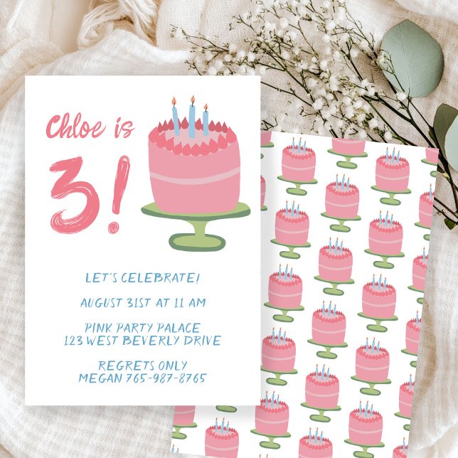 Kummel Kids Party Anpassningsbar, 3:e födelsedag Inbjudningar (Whimsical 3rd Birthday Cake Kids Party Custom Invitation
)