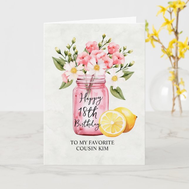 Kumsin 18:e födelsedag Blommigt Burk Rosa Hälsning Kort (Gul blomma)