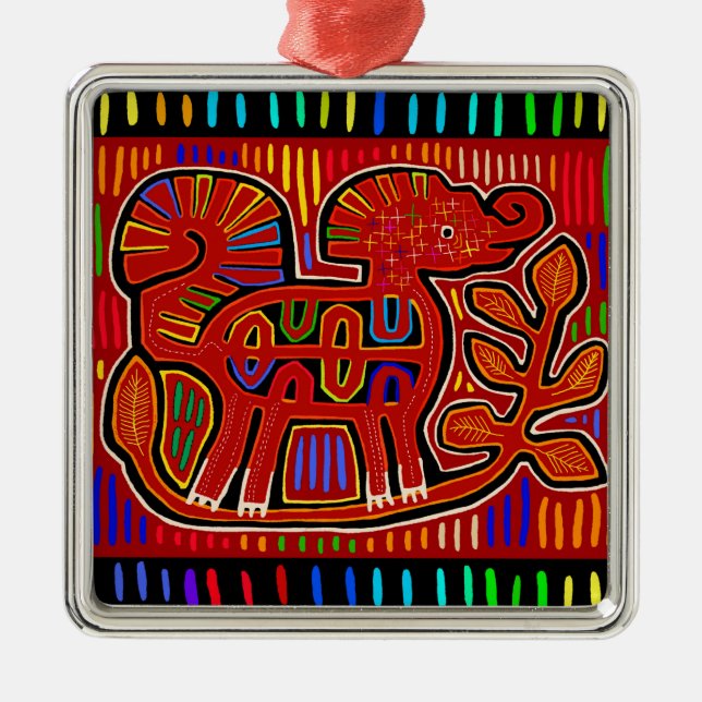 Kuna Indian Baby Elephant - Mola Folk Art Julgransprydnad Metall (Framsidan)