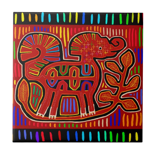 Kuna Indian Baby Elephant - Mola Folk Art Kakelplatta (Framsidan)