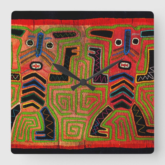 Kuna Indian Mola Inspired Design Wall Clock Fyrkantig Klocka (Framsida)
