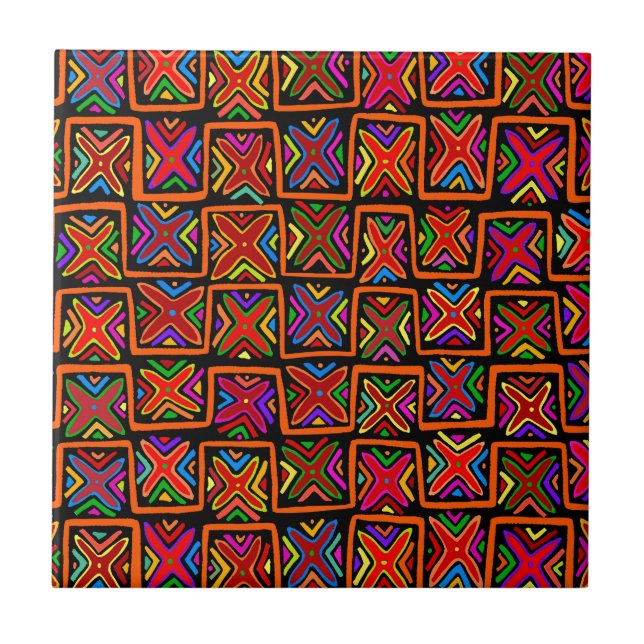 Kuna Indian Mola Tribal Checks - Red Kakelplatta (Framsidan)