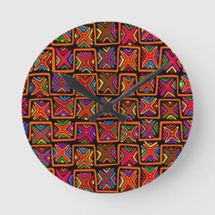 Kuna Indian Mola Tribal Checks - Red Rund Klocka