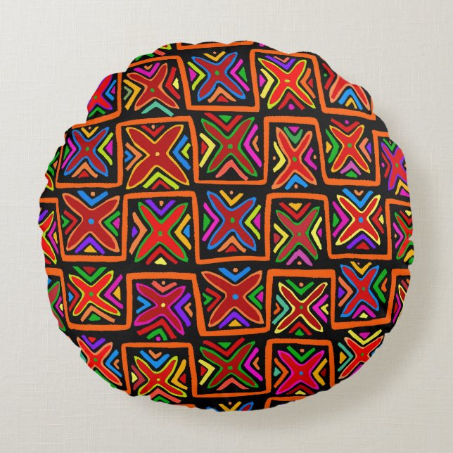 Kuna Indian Mola Tribal Checks - Red Rund Kudde (Framsidan)