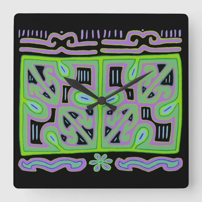 Kuna Indian Music Box Mola Wall Clock Fyrkantig Klocka (Framsida)