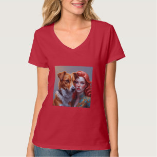Kundbild tryckt röd V-ringad för hundälskare T Shirt