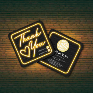 Kundens Tack för Retro Neon Gult Lighted Sign Fyrkantigt Visitkort