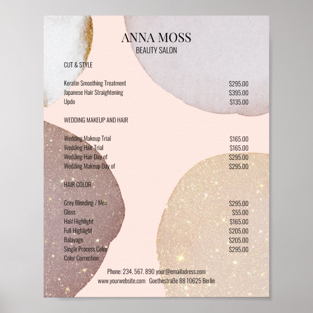 Kundenspezifischer Rosegold Glitter Preisliste Poster (Framsidan)