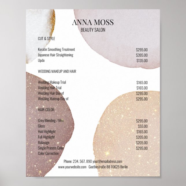 Kundenspezifischer Rosegold Glitter Preisliste Poster (Framsidan)
