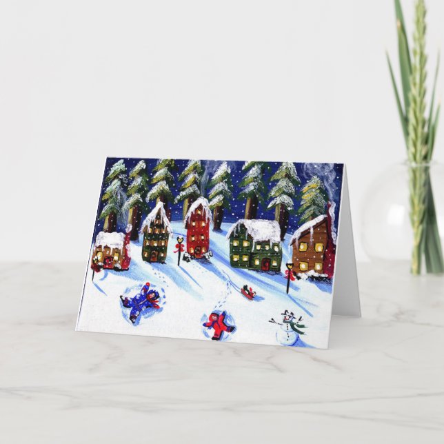 Kunderna gör Snö Änglar Helgdag Folk Art Helgkort (Framsida)
