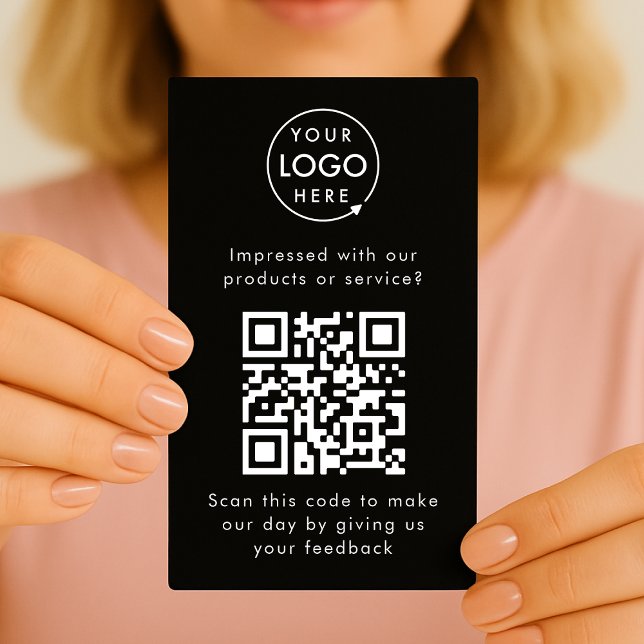 Kundfeedback | QR Code Black Business Review Visitkort (Branded customer feedback handout enclosure cards with interactive QR code & your company logo.)