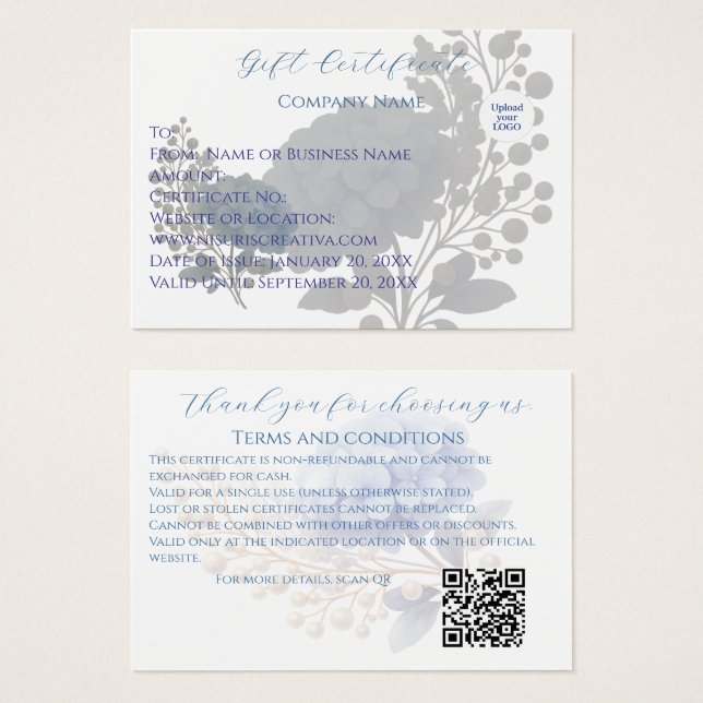 Kundkupong för elegant Blue Hydrangea Gift Card Visitkort (Framsida & baksida)
