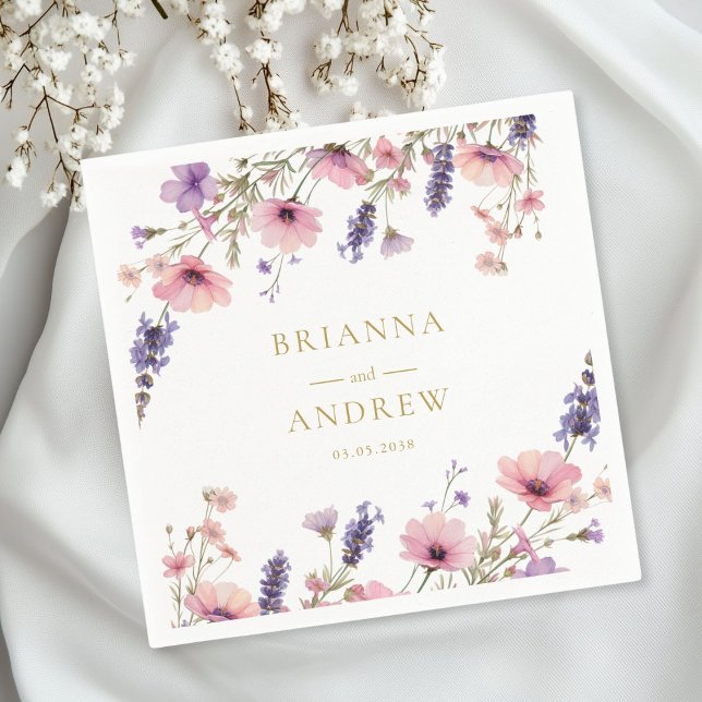 Kundspecifik Blommigt Bröllop Pappersservett (Personalized Customer specific Floral, Pink + Purple  Wedding Napkins with your name and date.)