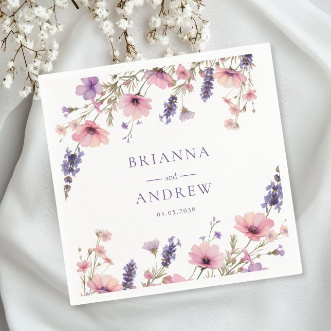Kundspecifik Blommigt Bröllop Pappersservett (Personalized Customer specific Floral, Pink + Purple  Wedding Napkins with your name and date.)