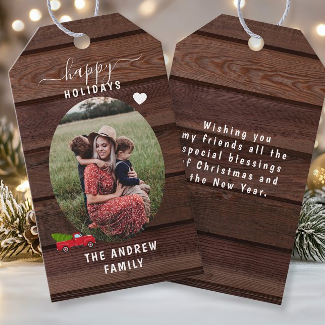 Kundspecifika fotoJuletiketter Presentetikett ( Happy Holidays! Photo Rustic Wood Gift Tag)
