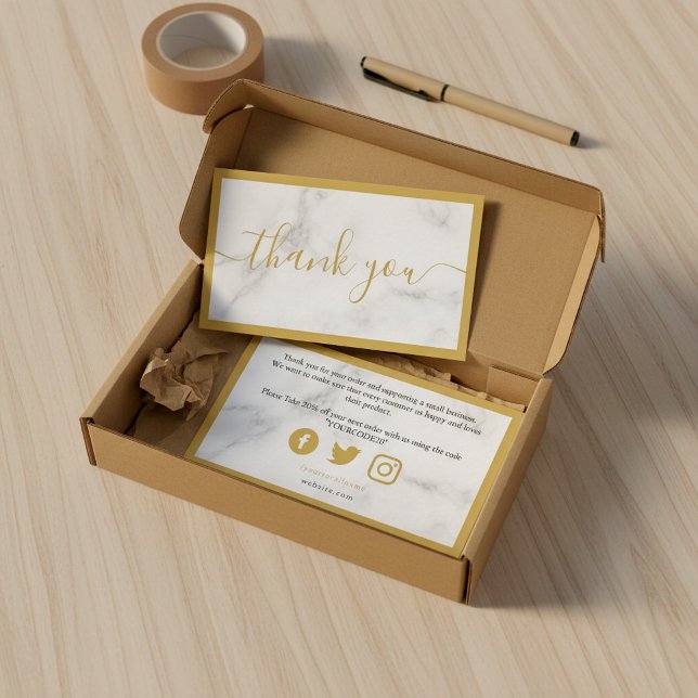 Kundtack för guld och vita marmoreffekter tilläggskort (Gold and white marble effect customer thank you enclosure card.)