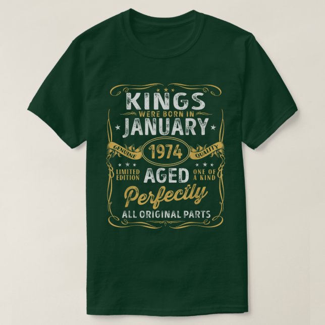 Kung är född i januari 1974 Begränsada utgåvan Vin T Shirt (Design framsida)