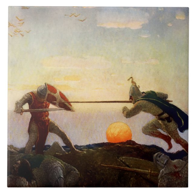 "Kung Arthur och Herr Mordred död" av NC Wyeth Kakelplatta (Framsidan)