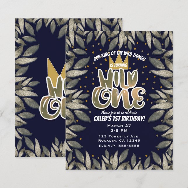 Kung av vilda saker ETT 1-års födelsedagsfest Inbjudningar (Fram/baksida)