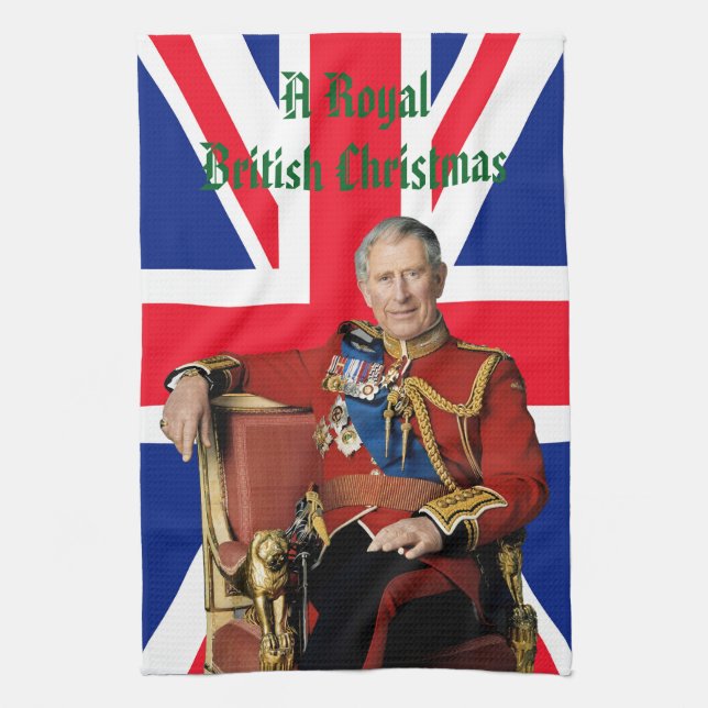 Kung Charles III Brittisk flagga jul Hälsning Kökshandduk (Vertikal)