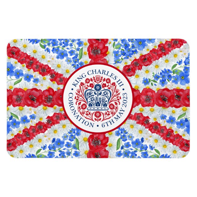 Kung Charles III Coronation Blommigt UK Flagga Magnet (Horisontell)