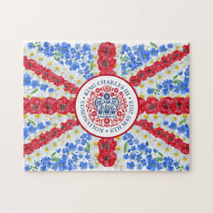 Kung Charles III Coronation Emblem Blommigt UK Fla Pussel