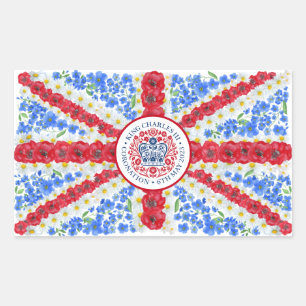 Kung Charles III Coronation Emblem Blommigt UK Fla Rektangulärt Klistermärke